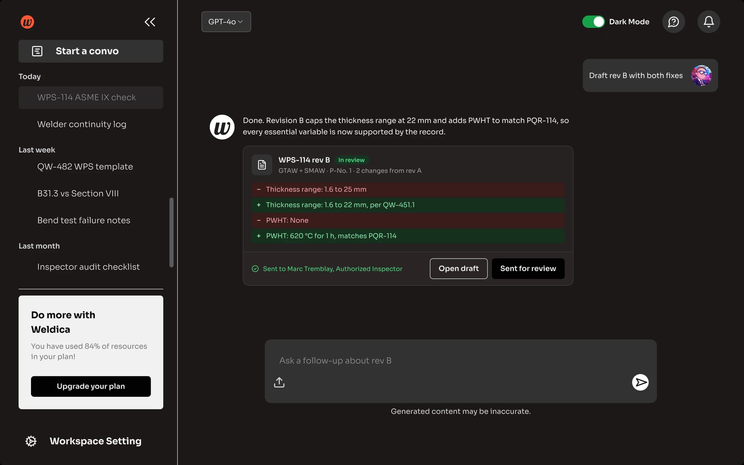 Desktop, dark: revision B sent to the Authorized Inspector for review