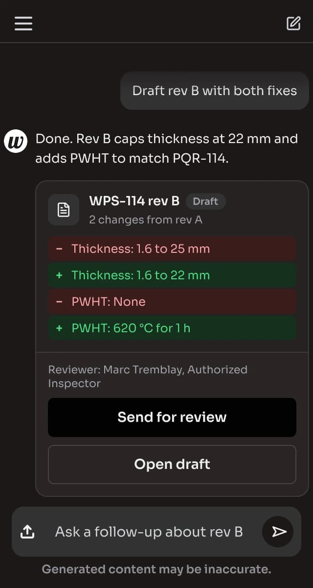 Mobile, dark: the drafted revision B, ready to send for review