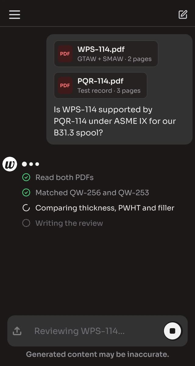 Mobile, dark: the assistant working through both PDFs step by step