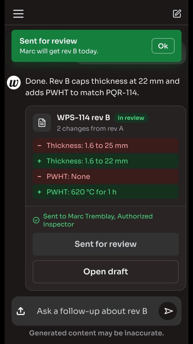 Mobile, dark: revision B sent for review, with a confirmation
