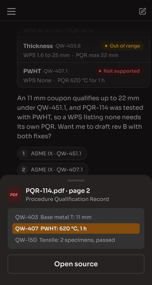 Mobile, dark: a citation's source opened in a bottom sheet
