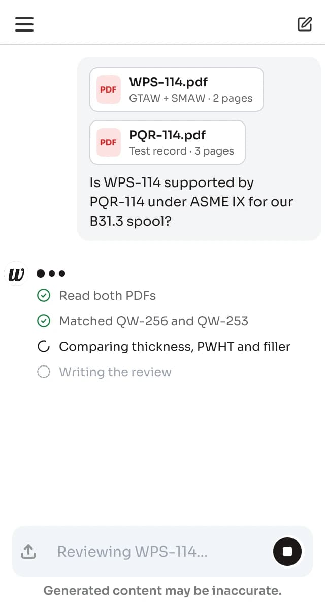 Mobile, light: the assistant working through both PDFs step by step