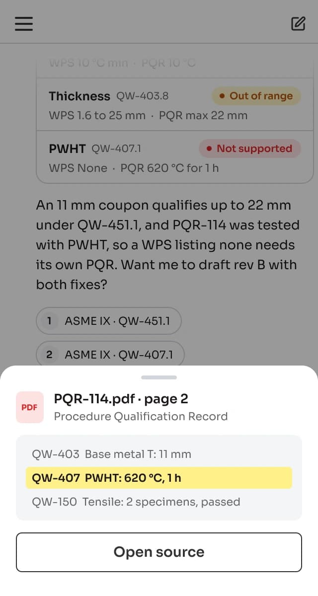 Mobile, light: a citation's source opened in a bottom sheet